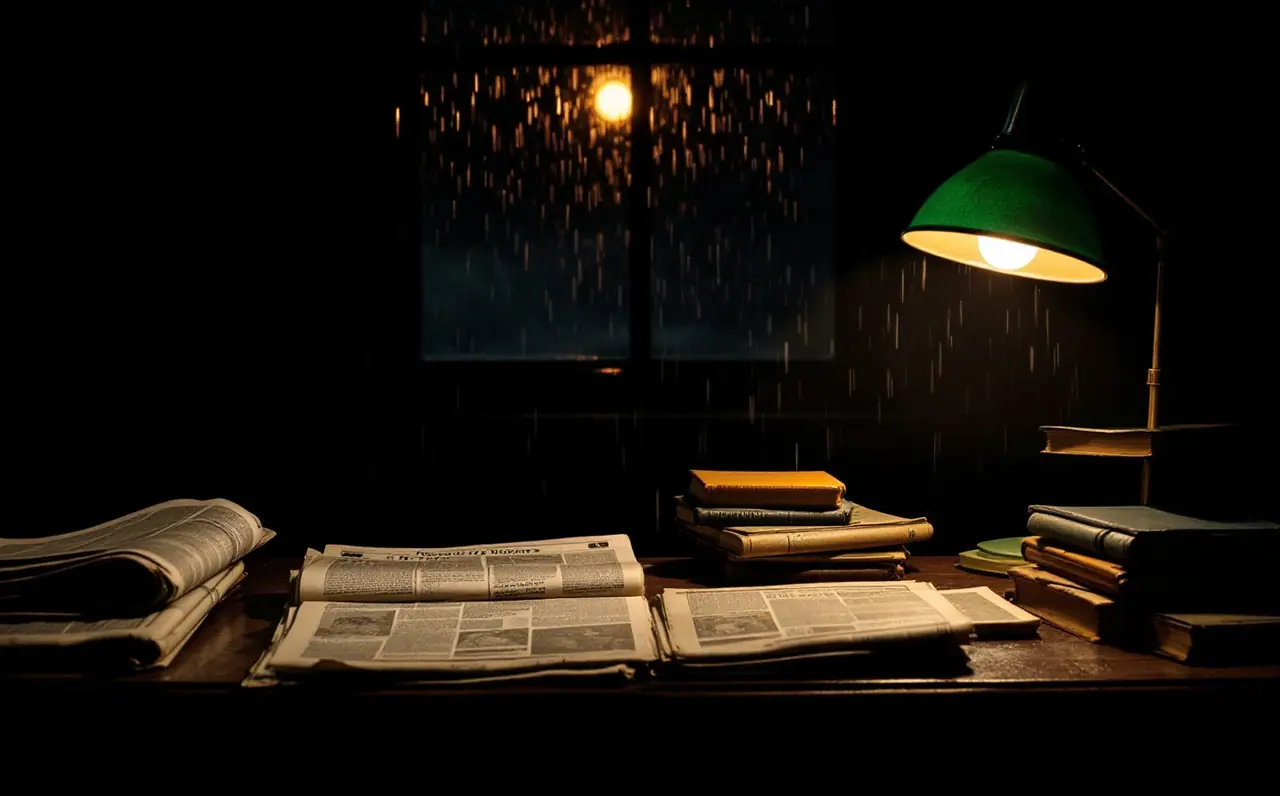 Folded old newspapers and worn paperbacks on a reading table under a green lamp at night